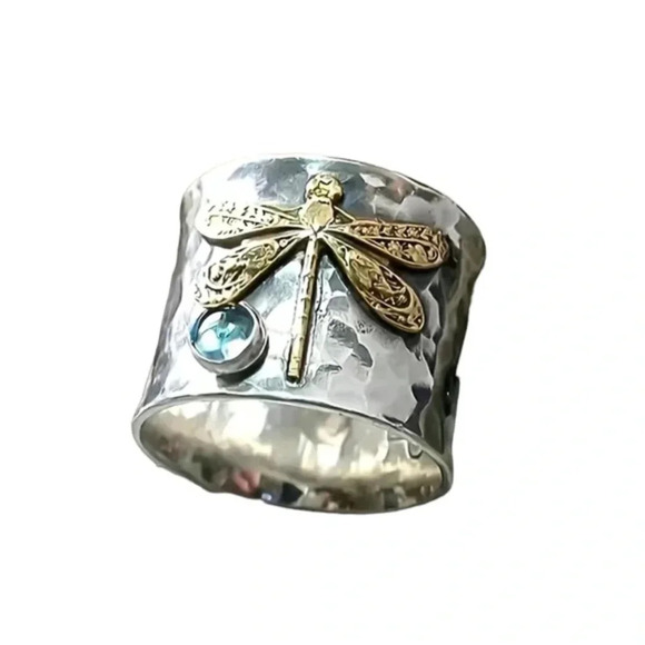 Retro Dragonfly Two Tone Hammered Silver Style Ring 7 - Picture 4 of 4